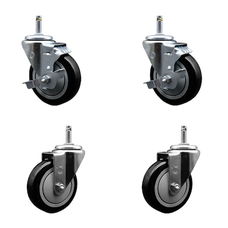 Service Caster 4'' Black Poly Wheel Swivel 7/16'' Grip Ring Stem Caster Set 2 Brakes, 4PK SCC-GR20S414-PPUB-BLK-TLB-716138-2S2